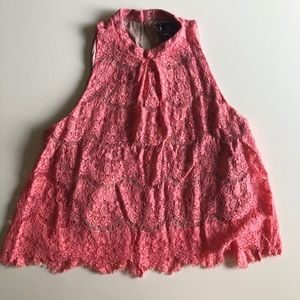 Coral Cropped High Neck Lace Crop